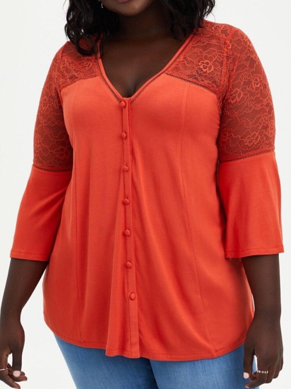 TORRID 0 Plus Size Super Soft Lace Bell Sleeve Top Burnt Orange 3/4 Sleeve Boho